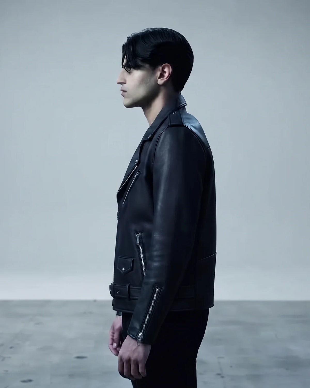 Zaryash black faux leather biker jacket, side view