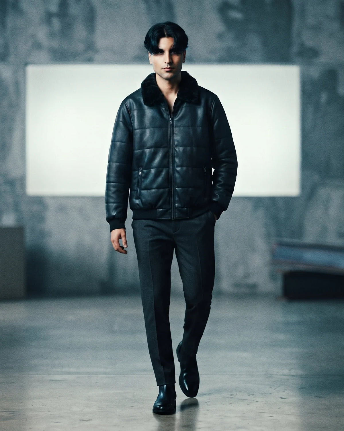 Zaryash black faux leather bomber jacket, walking, full look