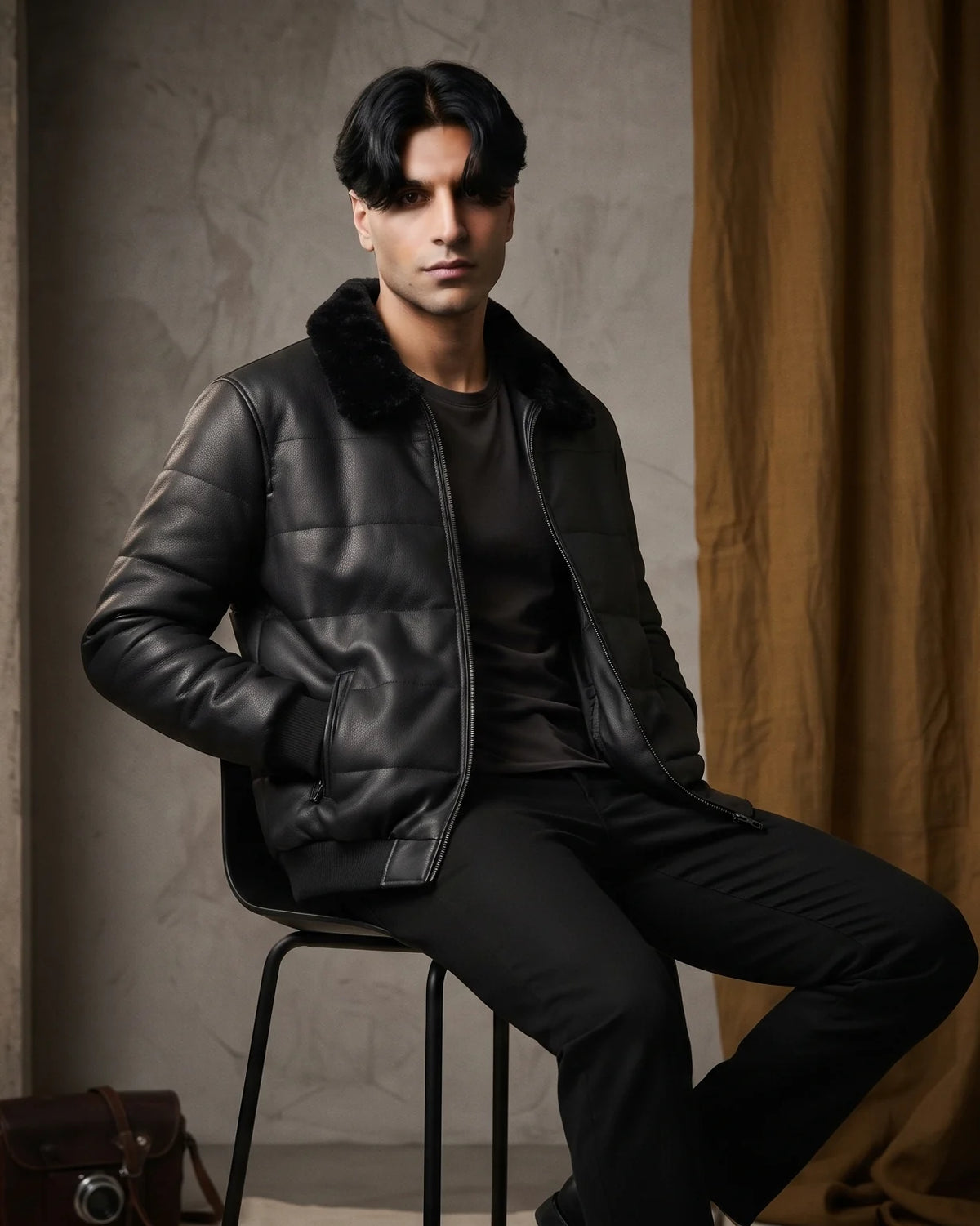 Zaryash black faux leather bomber jacket, seated