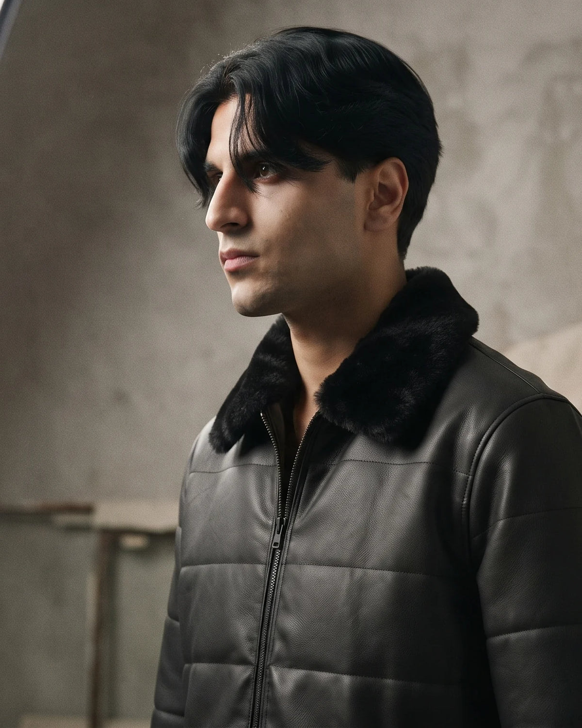 Zaryash black faux leather bomber jacket, side view