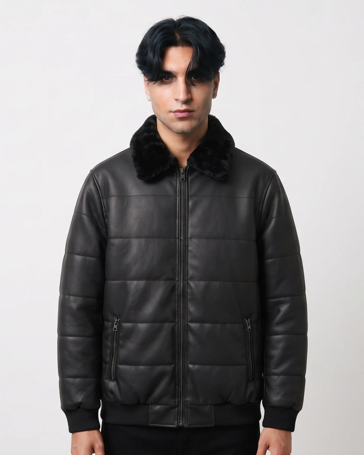Zaryash black faux leather bomber jacket, front view with faux-fur collar, quilting and zipped pockets