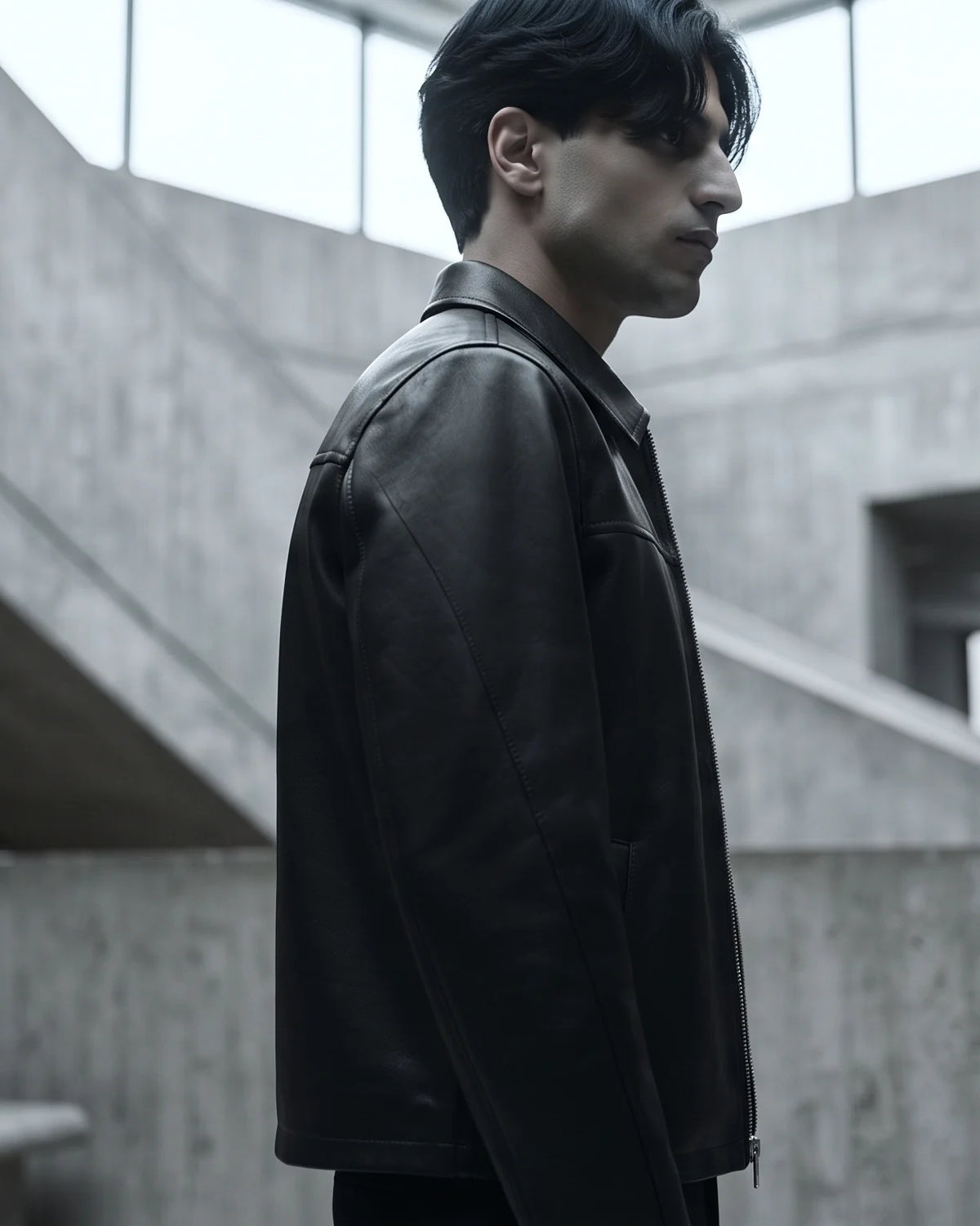 Zaryash black faux leather Korean jacket, side view