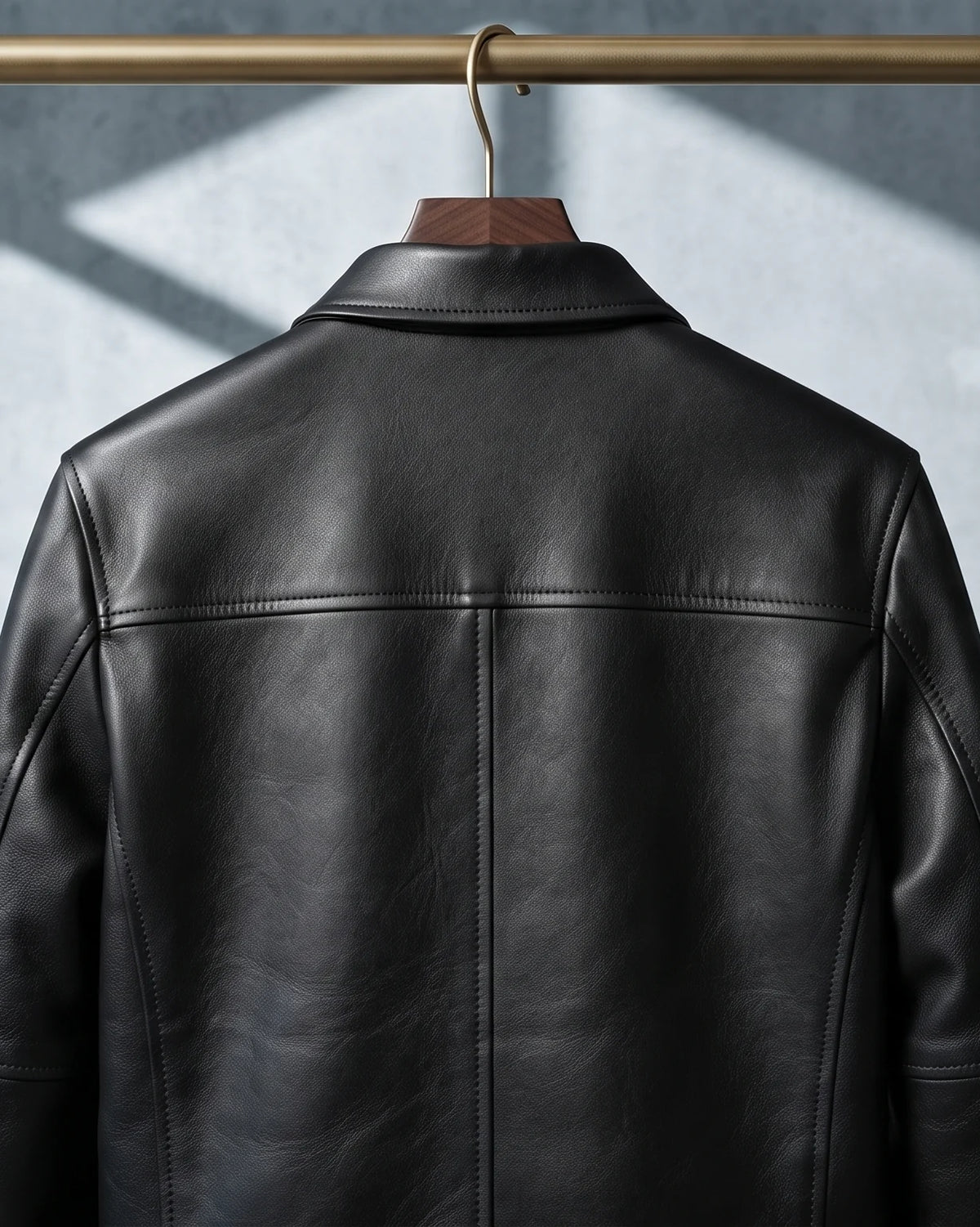 Zaryash black faux leather Korean jacket, back view