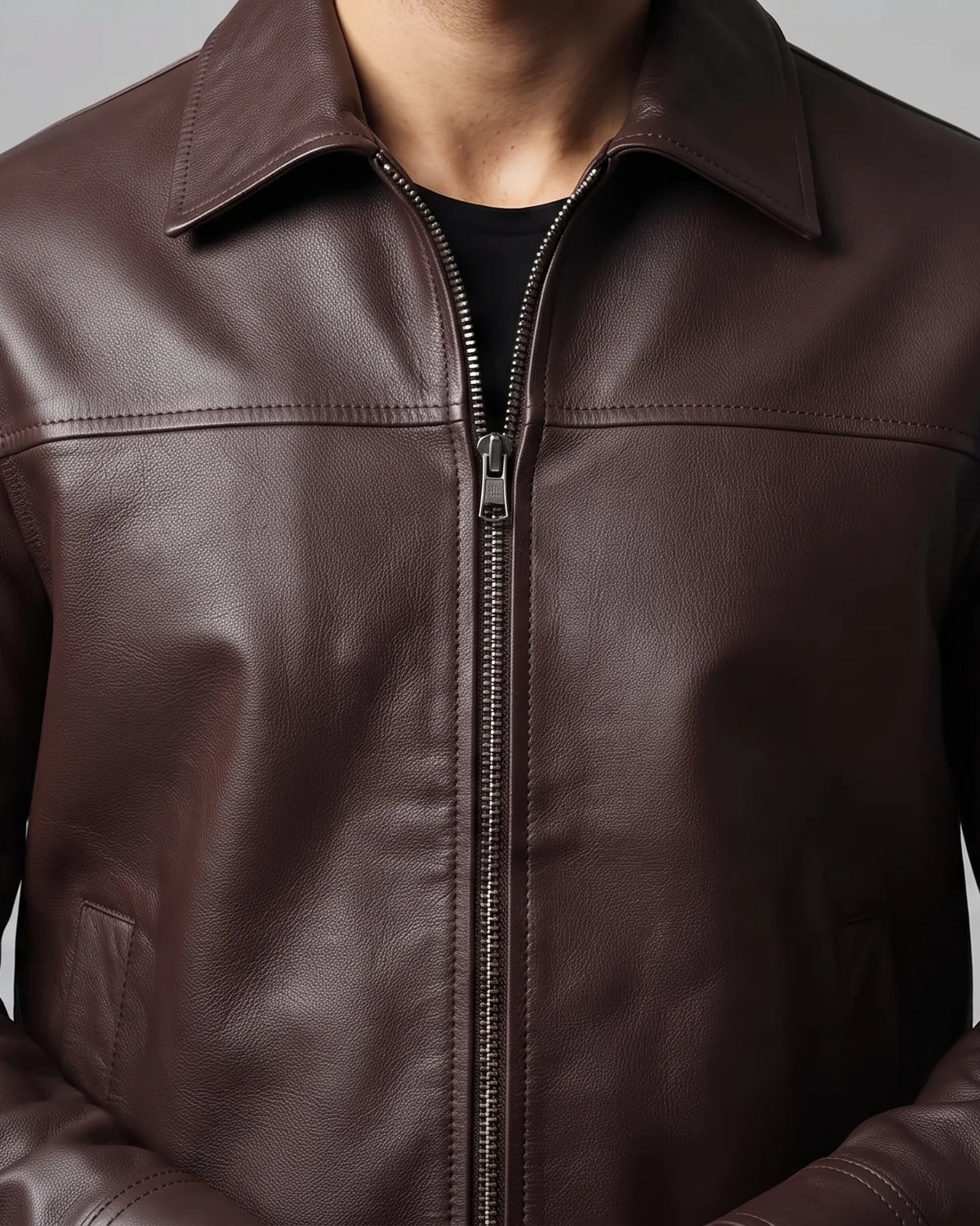 Zaryash dark brown faux leather Korean jacket, front close-up