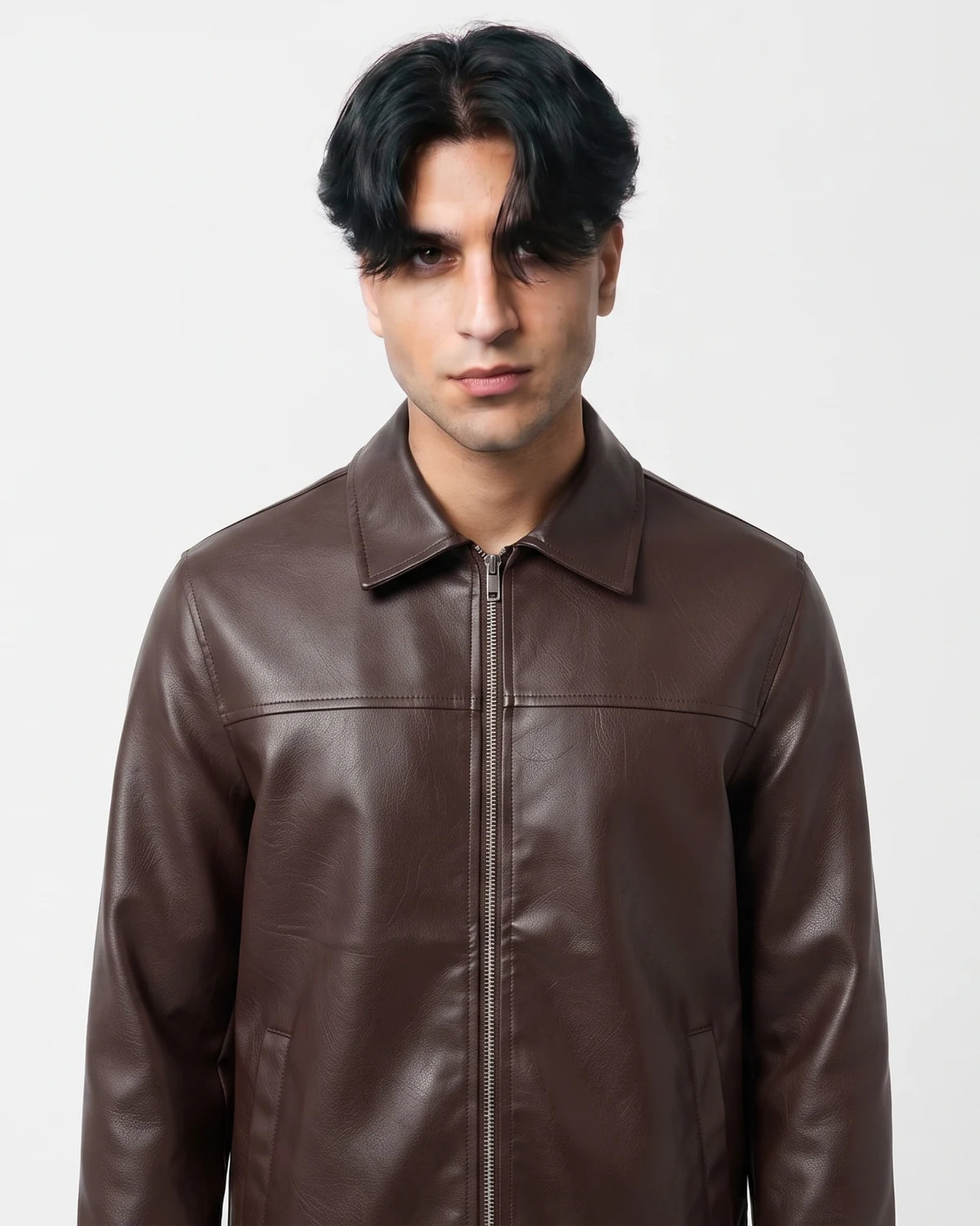 Zaryash dark brown faux leather Korean jacket, front view with shirt collar and full zip