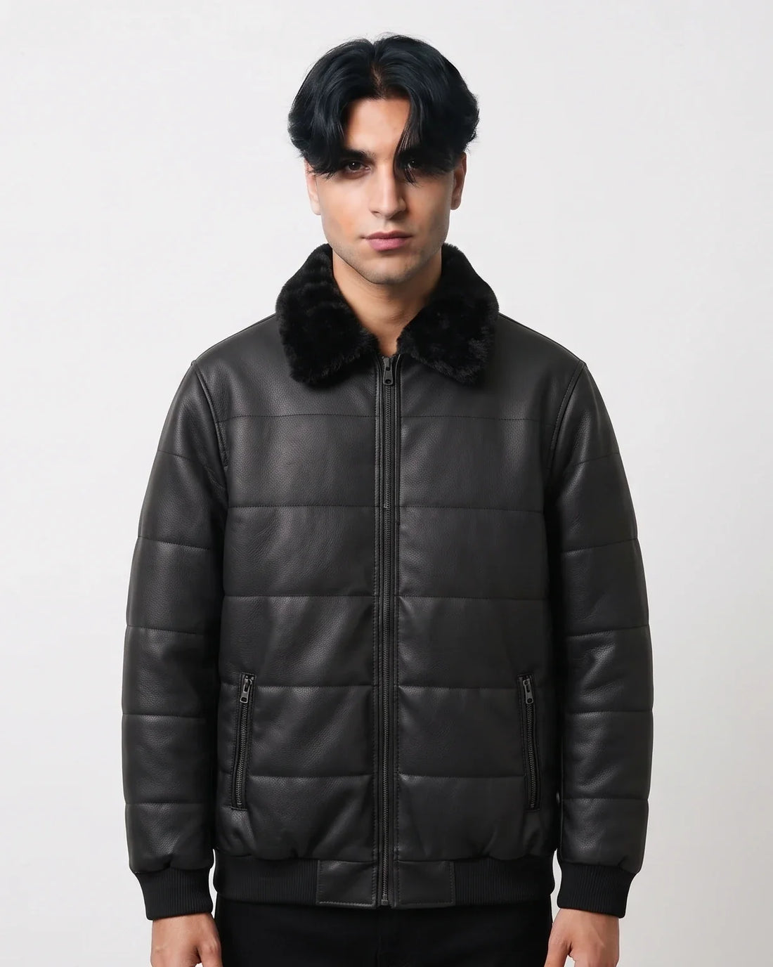 Black faux leather bomber jacket with faux-fur collar