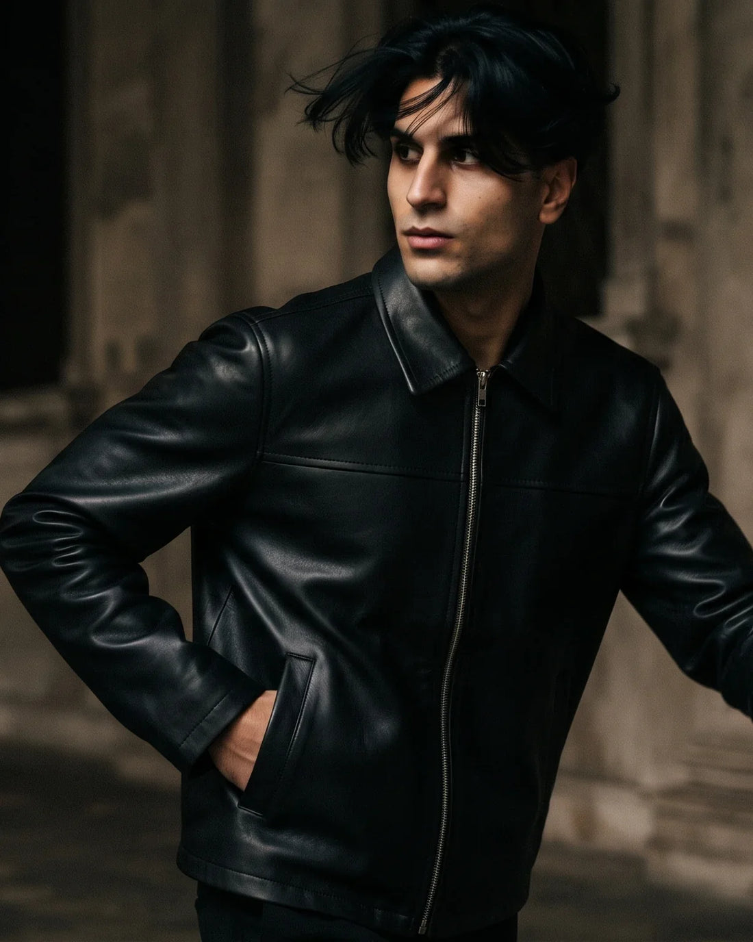 Man wearing a black faux leather Korean jacket
