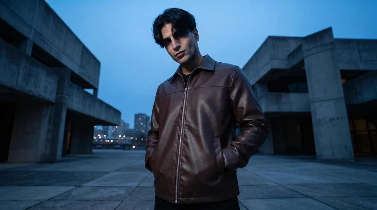 Man in a dark brown Zaryash Korean jacket at dusk