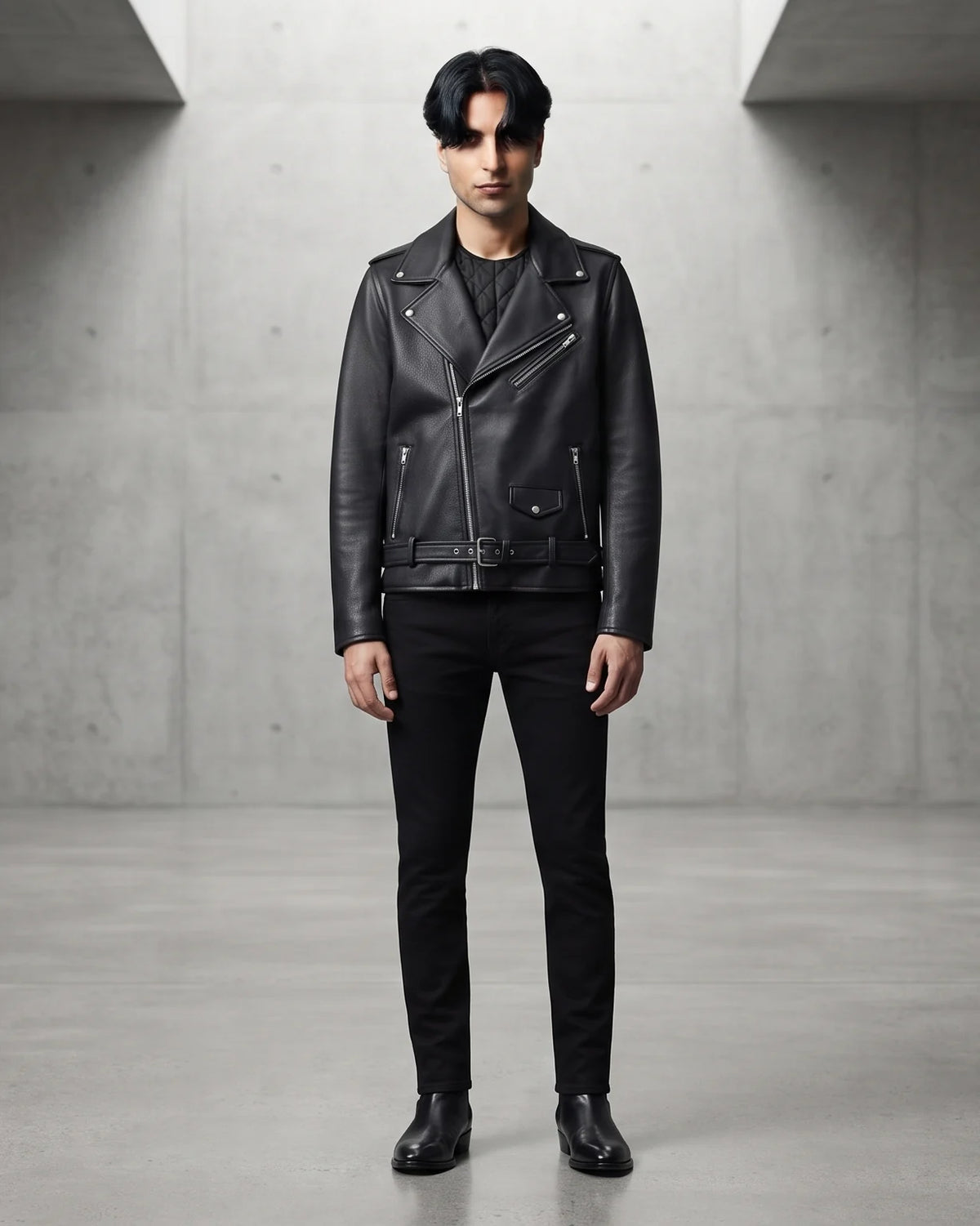 Zaryash black faux leather biker jacket, front, full look
