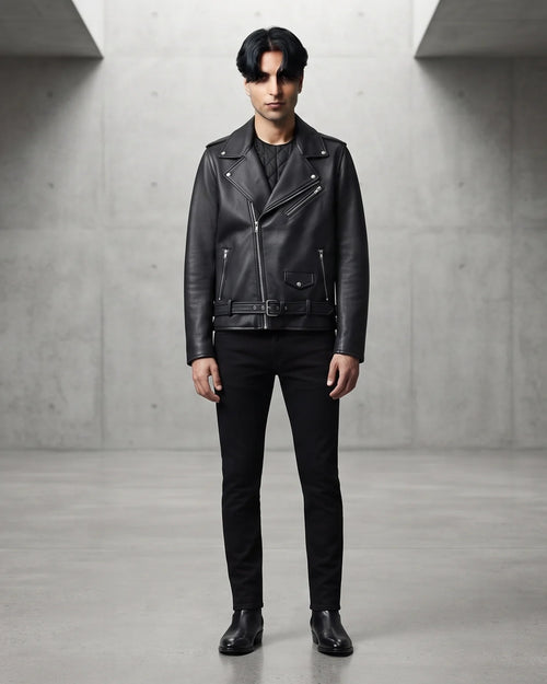 Zaryash black faux leather biker jacket, front, full look