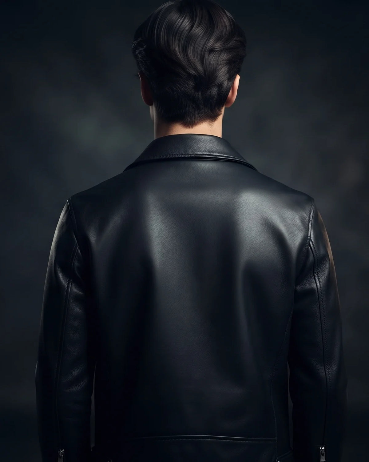 Zaryash black faux leather biker jacket, back view