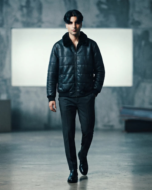 Zaryash black faux leather bomber jacket, walking, full look