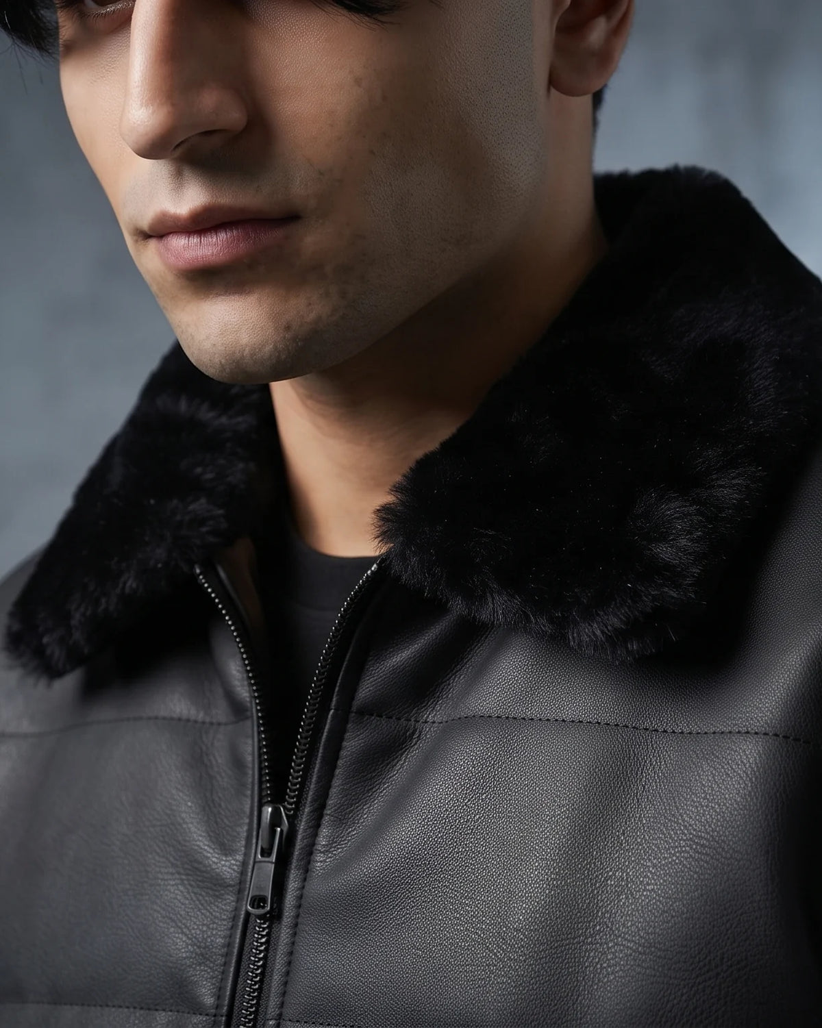 Zaryash black faux leather bomber jacket, close-up of the faux-fur collar and quilting