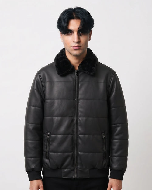 Zaryash black faux leather bomber jacket, front view with faux-fur collar, quilting and zipped pockets