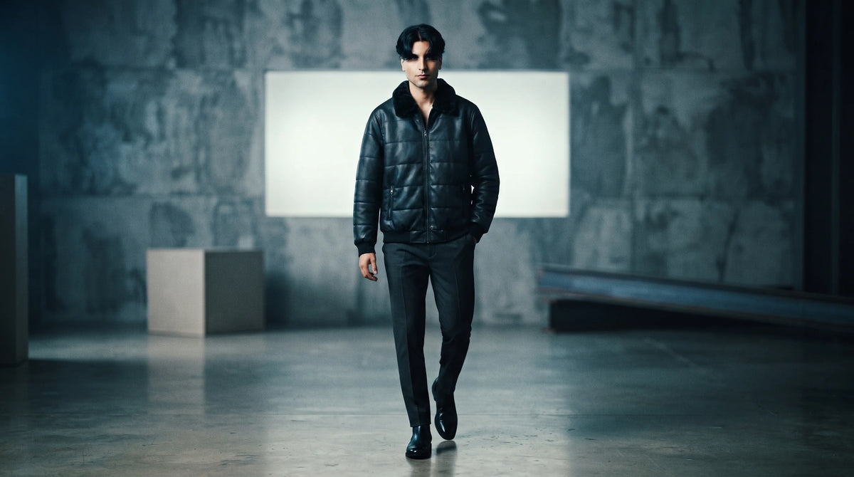 Man in a black Zaryash bomber jacket walking through a concrete studio