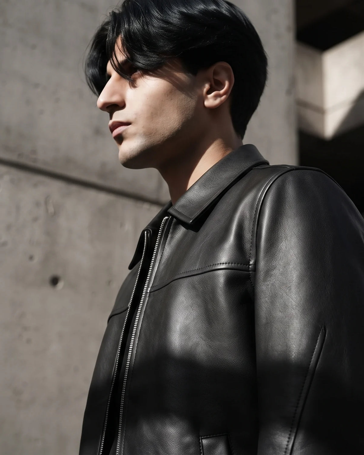 Zaryash black faux leather Korean jacket, three-quarter view