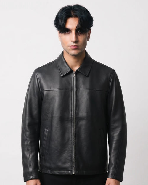 Zaryash black faux leather Korean jacket, front view with shirt collar and full zip
