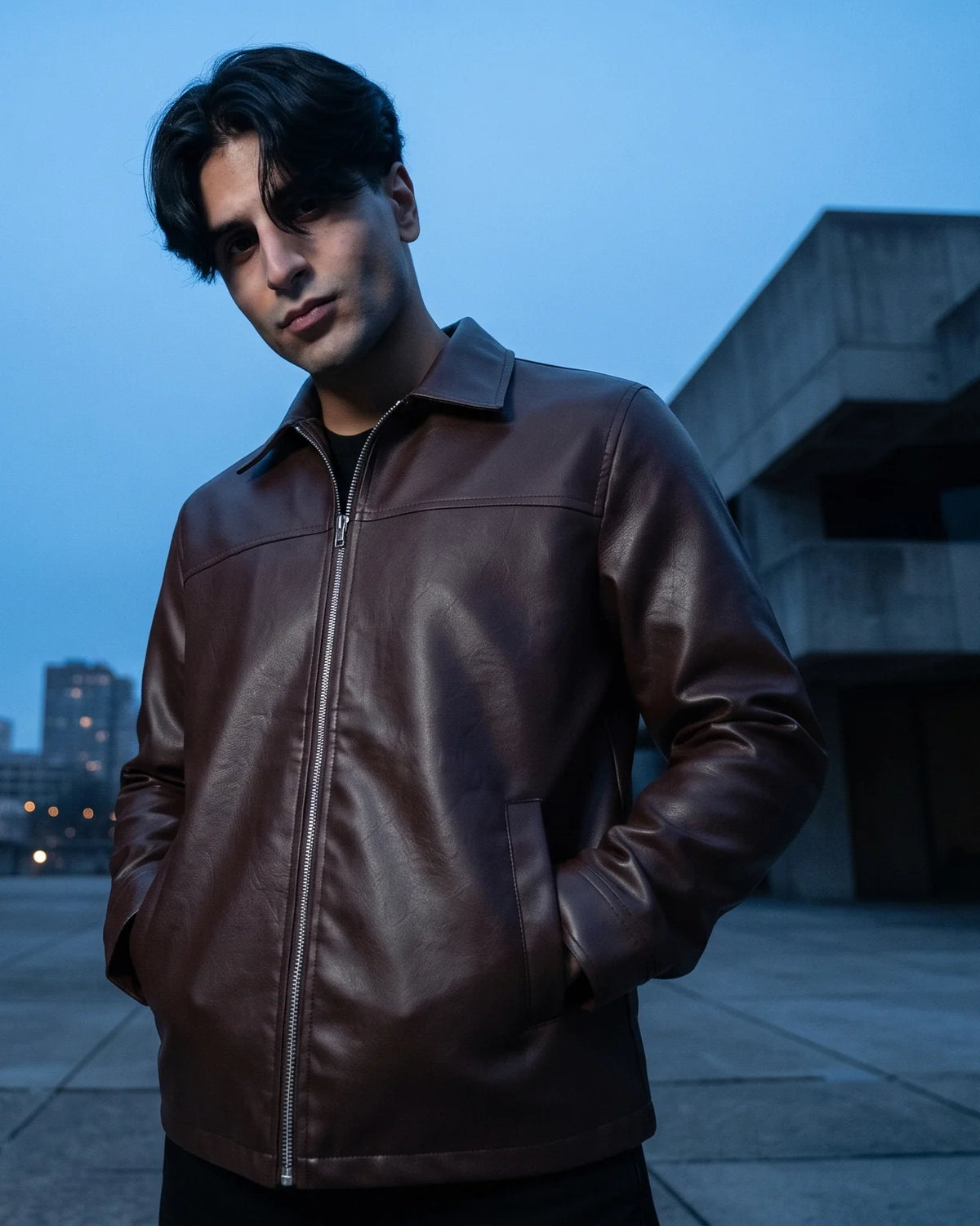 Zaryash dark brown faux leather Korean jacket, front view
