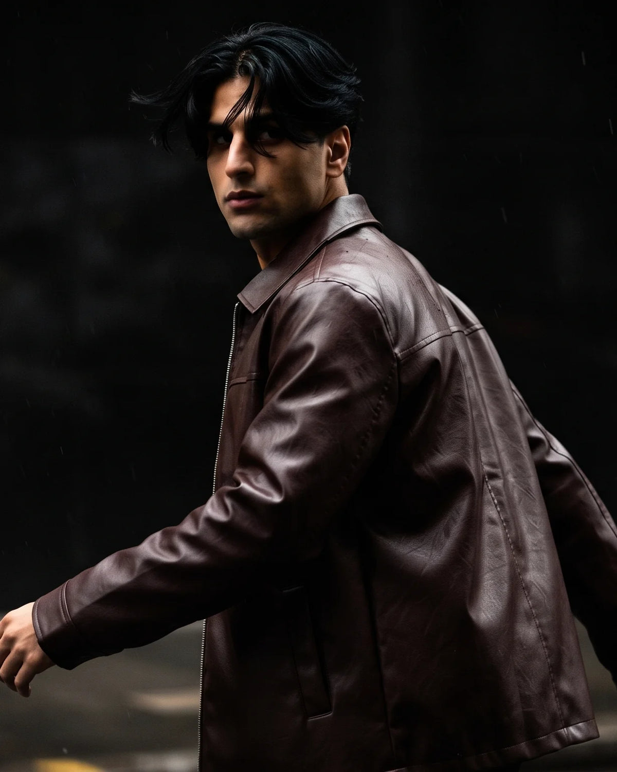 Zaryash dark brown faux leather Korean jacket, walking