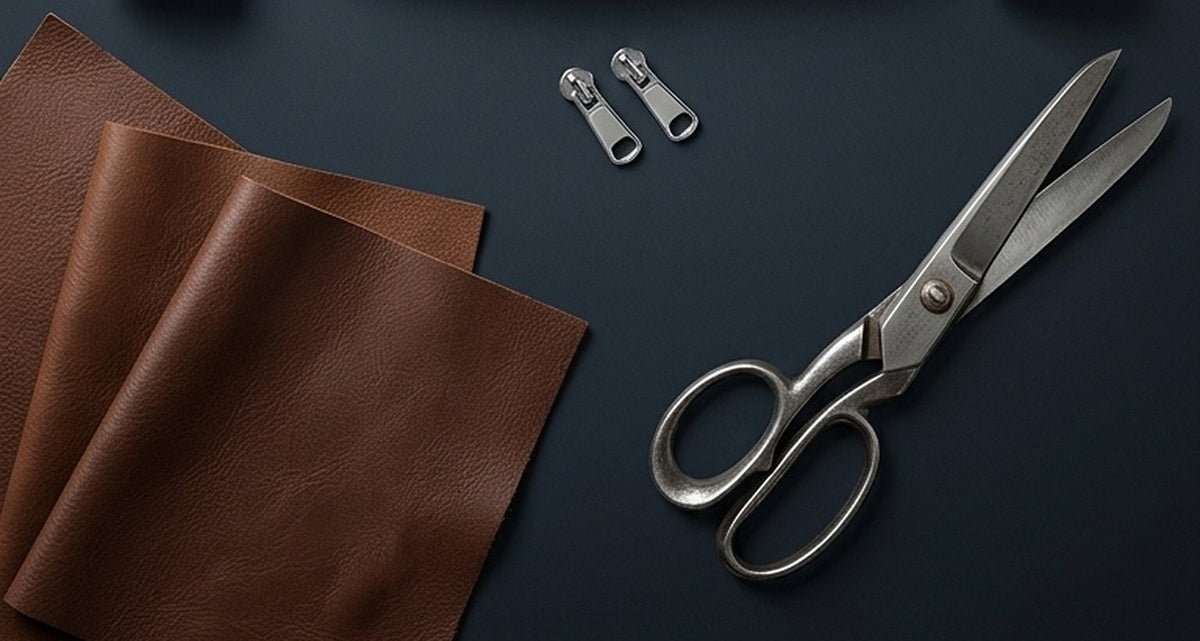 Leather panels, tailoring shears and zip pulls laid out on the cutting table